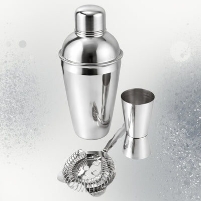 Steel Bartender Set 3 pieces with customizable engraving - Shaker 750 ml, Jigger 15/30 ml, Strainer - elegant gift for cocktail lovers, stainless steel, silver color