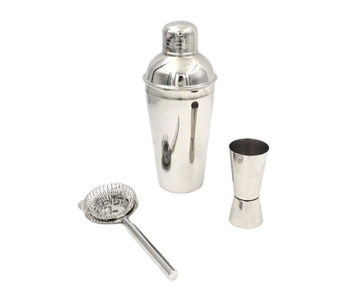 Steel Bartender Set 3 pieces with customizable engraving - Shaker 750 ml, Jigger 15/30 ml, Strainer - elegant gift for cocktail lovers, stainless steel, silver color