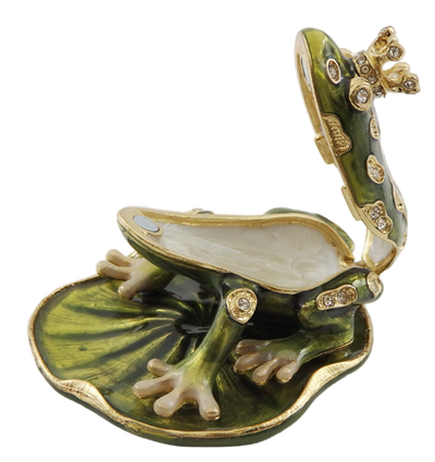 Exclusive metal box shaped like a frog with crystals, dark green and gold, customizable engraving, perfect as a gift, dimensions 6.5x6.7x4.5 cm
