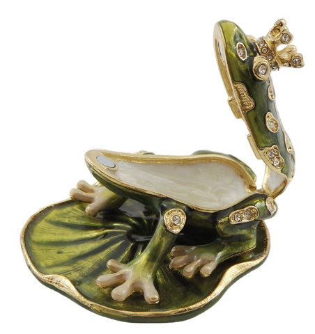 Exclusive metal box shaped like a frog with crystals, dark green and gold, customizable engraving, perfect as a gift, dimensions 6.5x6.7x4.5 cm