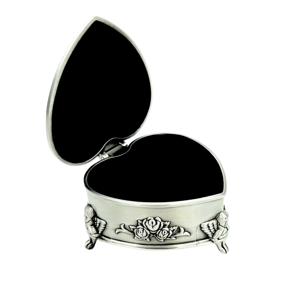 Heart-Shaped Metal Jewelry Box with Personalized Engraving Option – Elegant Gift for Valentine's Day, Anniversary, or Birthday, Decorated with Rose Motif, Dimensions 8.7 x 8.4 x 5.1 cm