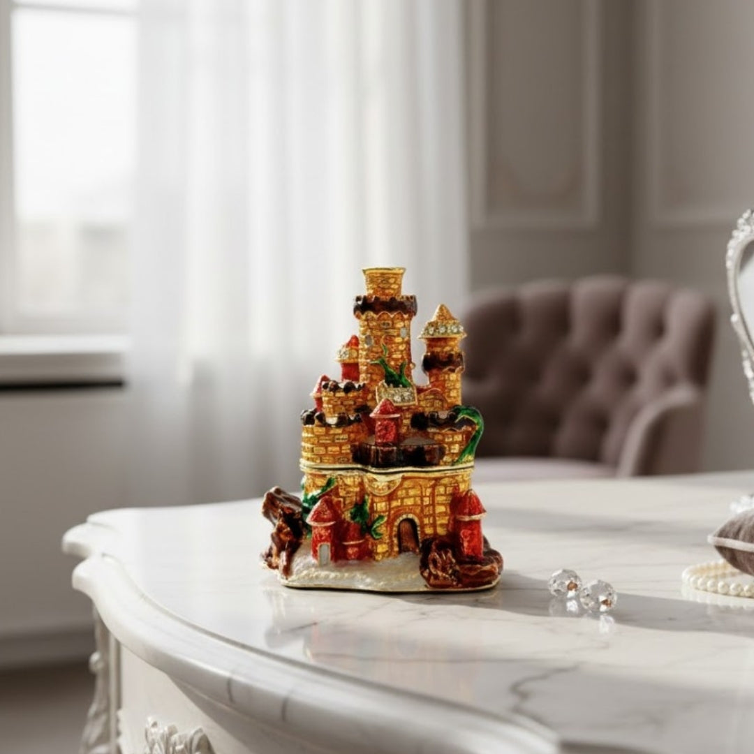 Castle-Shaped Jewelry Box Decorated with Crystals with Option for Personalized Engraving