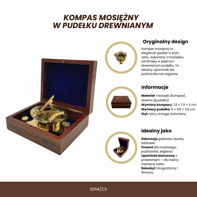 Mosiężny Kompas Dollond w Drewnianym Pudełku z Funkcją Zegara Słonecznego - Idealny na Prezent z Możliwością Grawerunku - Styl Antyczny, Wymiary 7,5 x 7,5 x 3 cm