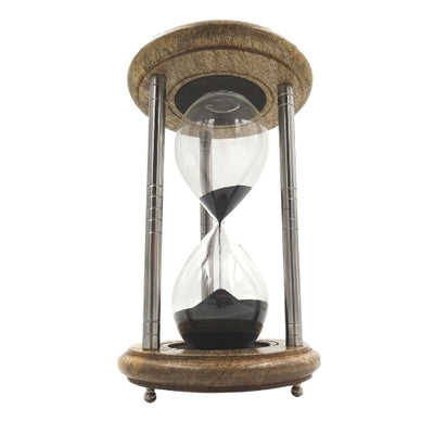 Klepsydra Mosiężno-Drewniana 10 min z Grawerem - Elegancki Prezent w Kolorze Czarnym, Wysokość 25 cm, Wykonana z Metalu, Szkła i Drewna Mango