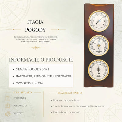 Elegancka Stacja Pogody Retro 36cm z Grawerem – Barometr, Termometr, Higrometr w Drewnianej Obudowie