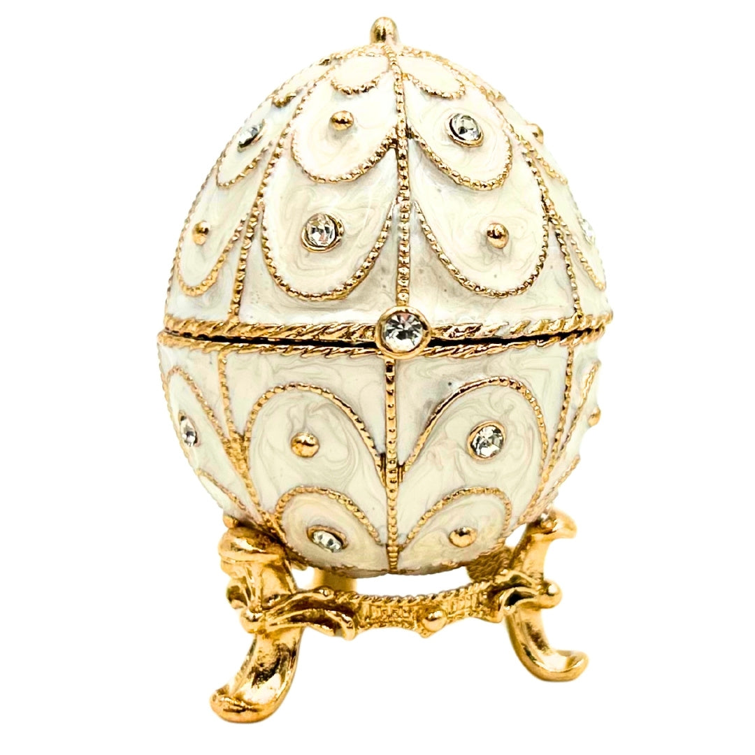Exclusive Fabergé Egg Metal Jewelry Box with Crystals in White and Gold with Engraving Personalization Option