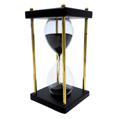 Klepsydra Mosiężno-Drewniana 5 minut z Czarnym Piaskiem z Możliwością Personalizacji Grawerem – Elegancka Dekoracja Retro na Prezent o Wysokości 16 cm