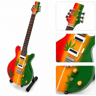 Mini gitara Bob Marley Tribute Ganja MGT-0468 z możliwością personalizacji grawerem, idealny prezent dla fanów reggae, ręcznie wykonana z mahoniowego drewna, wysokość 27,5 cm, kolor żółty, czerwony, zielony, biały