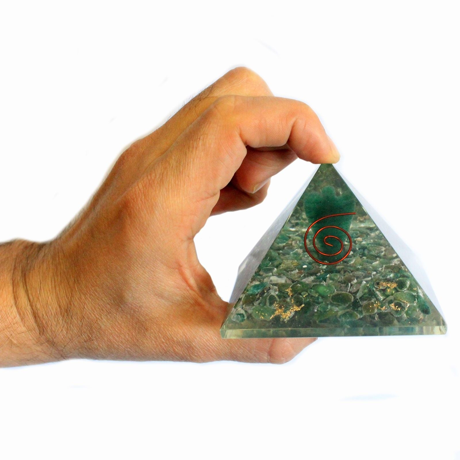 Magic Orgonite Pyramid 70 mm - Angel with Esoteric Objects, Greenish Interior, and Hand Finish