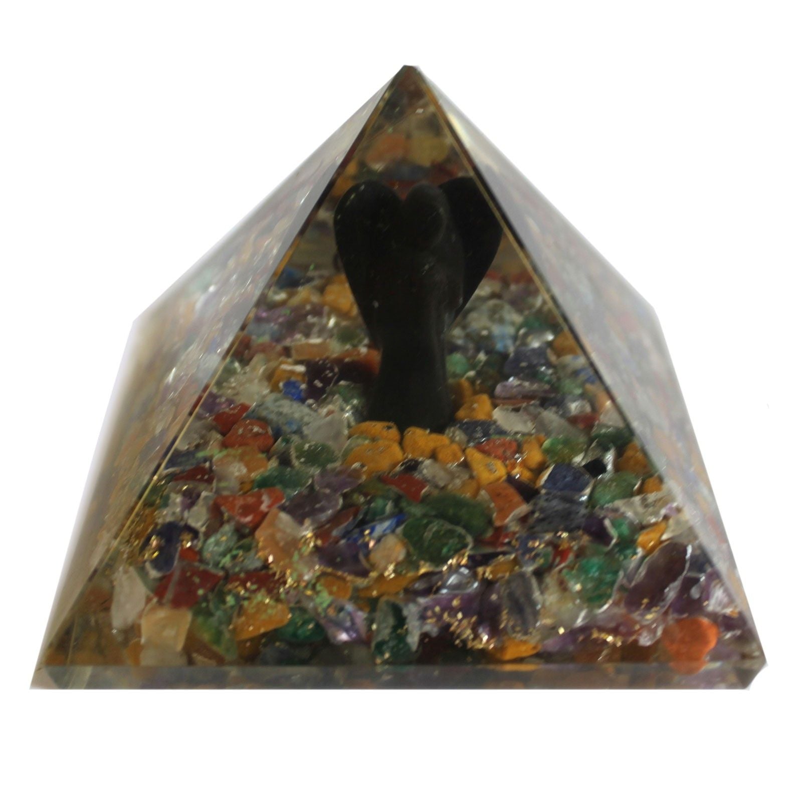 Magic Orgonite Pyramid 70 mm - Angel with Esoteric Objects, Greenish Interior, and Hand Finish