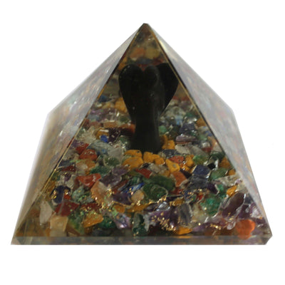 Magic Orgonite Pyramid 70 mm - Angel with Esoteric Objects, Greenish Interior, and Hand Finish