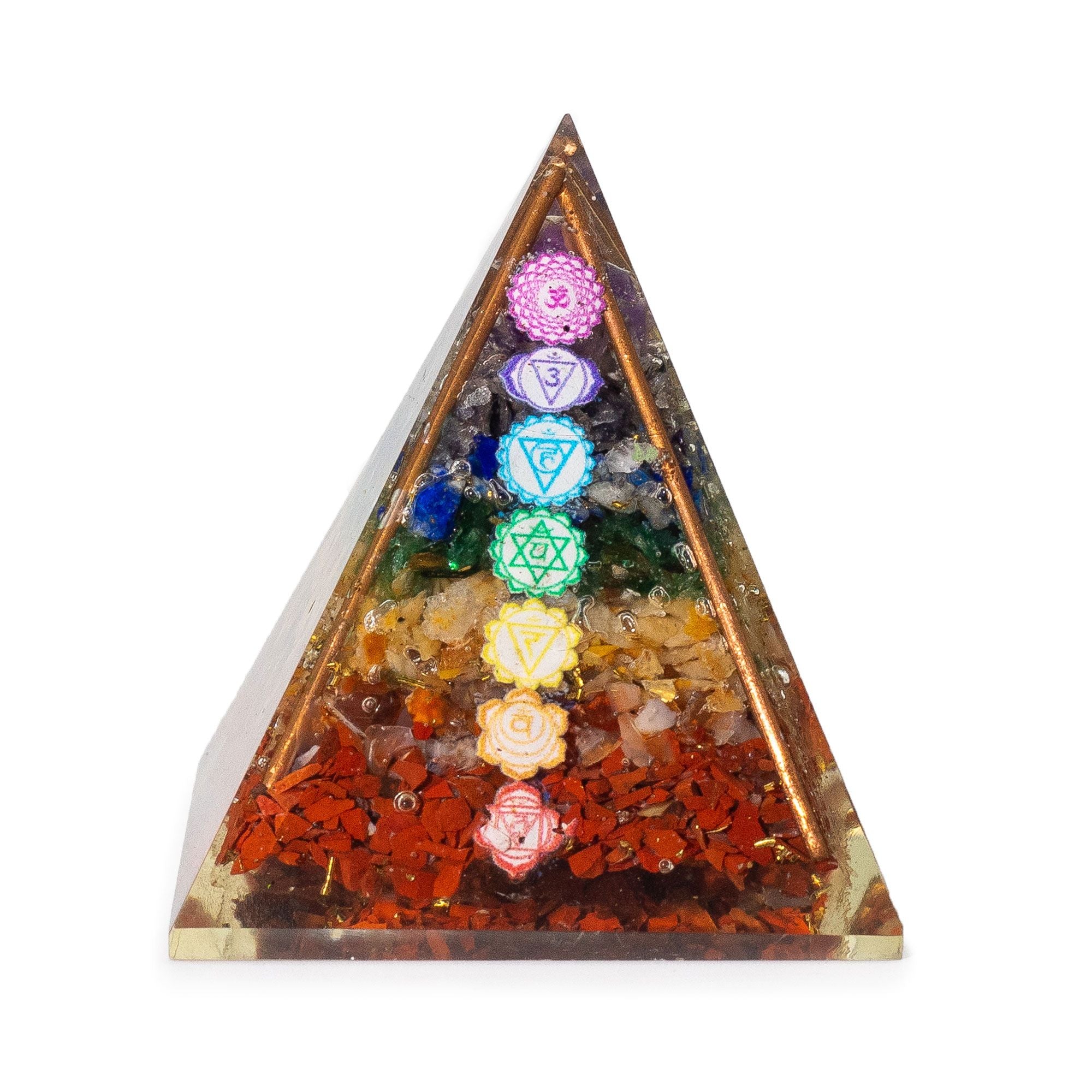 Med Organite Piramida 7x6 cm z Miedzianymi Prętami i 7 Kamieniami Chakr - Wielokolorowy Element Harmonii Energetycznej na Prezent