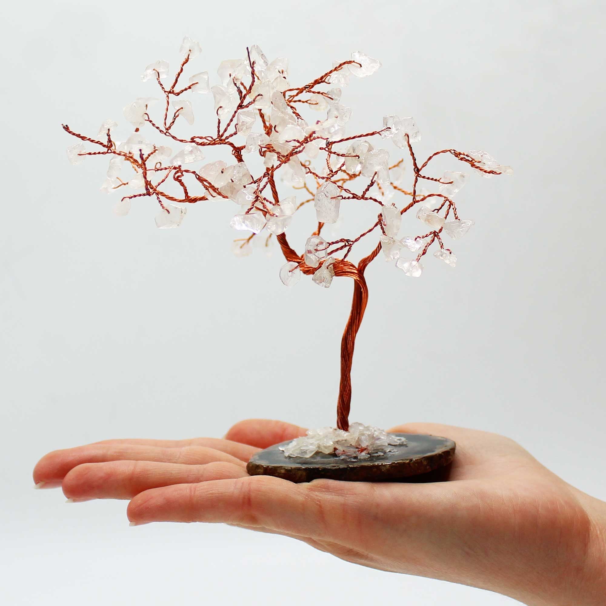 Large Crystal Tree made of Rock Crystal on a Black Agate Base