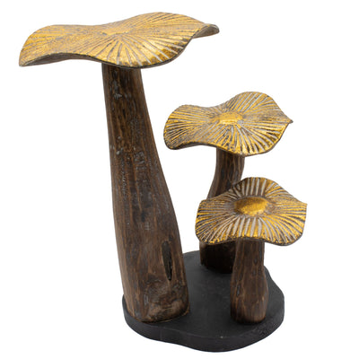 Duża Złota Grzybowa Rzeźba 32 cm - Naturalne Drewno - Unikalny Element Dekoracyjny na Prezent - Styl Leśny, Rustykalny i Nowoczesny