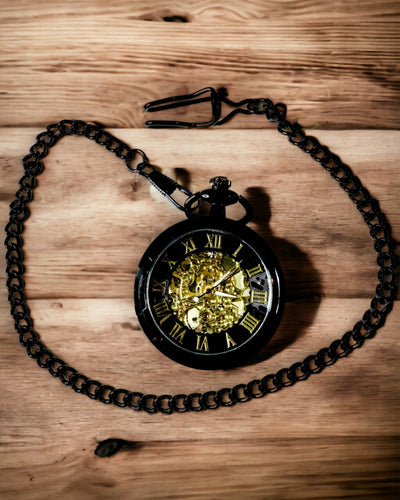 Mechanical Retro Style Pocket Watch, Waterproof, Semi-Automatic - Black Color - Perfect for a Gift, Engraving