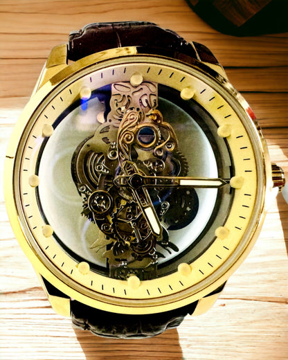 Pánské hodinky s průhledným mechanismem - Elegance a preciznost ve zlatém provedení