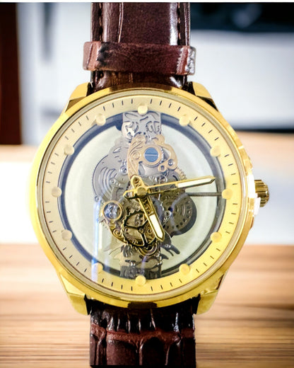 Pánské hodinky s průhledným mechanismem - Elegance a preciznost ve zlatém provedení