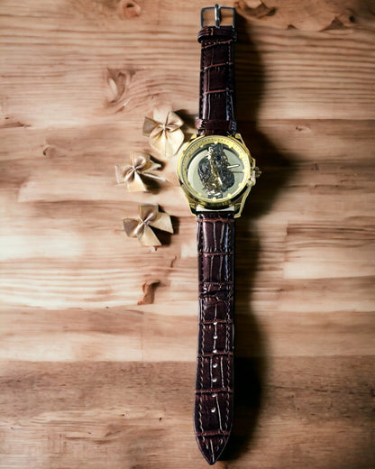Pánské hodinky s průhledným mechanismem - Elegance a preciznost ve zlatém provedení