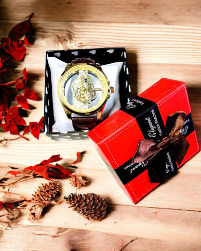 Ceas Bărbătesc cu Mecanism Transparent - Eleganță și Precizie în Cadru Auriu