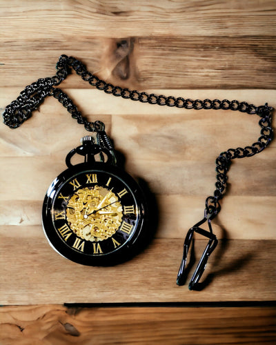 Mechanical Retro Style Pocket Watch, Waterproof, Semi-Automatic - Black Color - Perfect for a Gift, Engraving