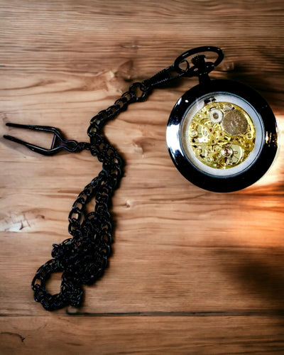 Mechanical Retro Style Pocket Watch, Waterproof, Semi-Automatic - Black Color - Perfect for a Gift, Engraving