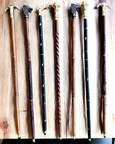 Laska Spacerowa Wolf - Indyjskie Drewno Mango z Możliwością Grawerowania, brązowy złote zdobienia