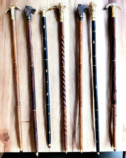 Walking Cane 'Wolf' - Indian Mango Wood with Engraving Option, brown with carved pattern