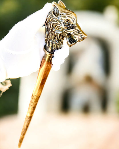 Walking Cane 'Wolf' - Indian Mango Wood with Engraving Option, brown with carved pattern
