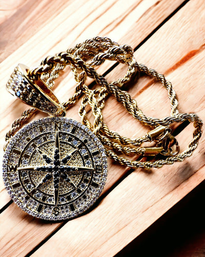 Necklace with Compass Pendant in Glamour Style with Zirconia for Women and Men - gold color, engraving