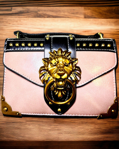 Square Light Purple Shoulder Bag with Lion Motif – Elegant Handbag Made of Textured PU Leather. Personalization with Engraving