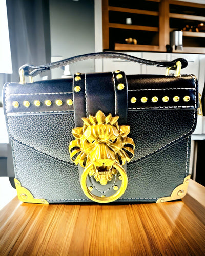 Geantă de Umăr Pătrată la Modă cu Accent de Leu - culoare neagră