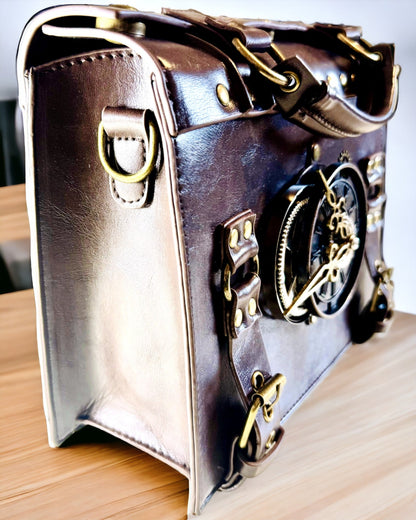 Torba Crossbody z Motywem Zegara Vintage - Wszechstronna Torebka Satchel z Teksturą Skóry PU