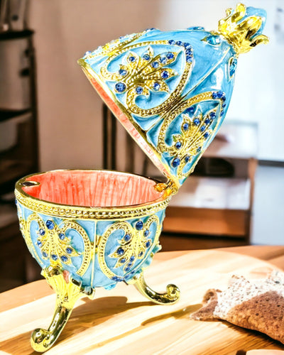 Heavenly Faberge Egg – Enameled Jewelry Organizer - sky blue color. Personalization with engraving