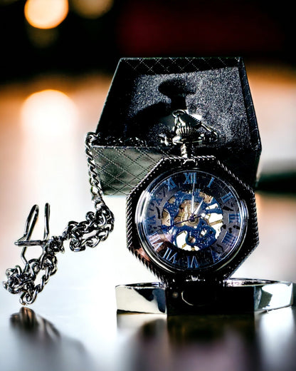 Ceas de Buzunar Mecanic Clasic Octogonal Steampunk de Culoare Neagră, Gravură