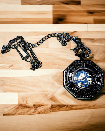 Ceas de Buzunar Mecanic Clasic Octogonal Steampunk de Culoare Neagră, Gravură