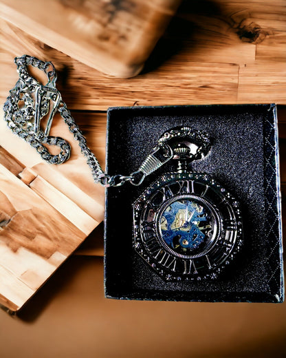 Ceas de Buzunar Mecanic Clasic Octogonal Steampunk de Culoare Neagră, Gravură