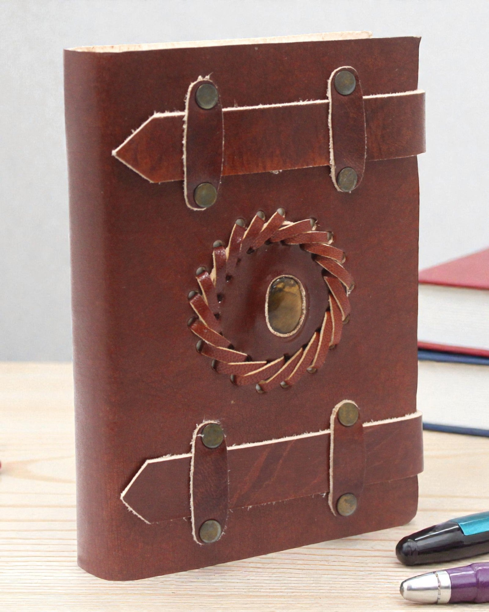 Шкіряний записник «Тигрове око» з ремінцями 15x10 см