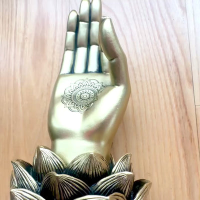 Golden Buddha Mudra OM Hand Figurine with Engraving - Elegant Gift Decoration - Lotus Flower, 21 cm, Polyresin, Glamour Style