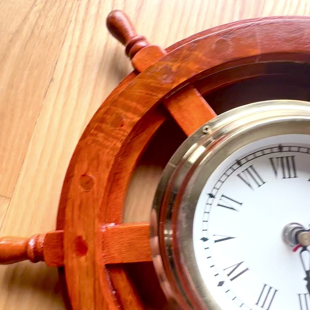 Nautical Clock in a Wooden Ship's Wheel with Brass