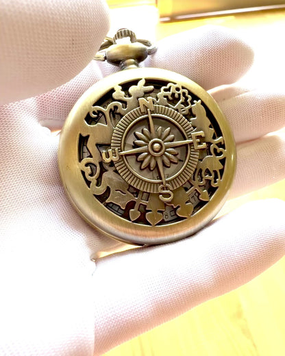 Antique Pocket Watch with Compass Motif and Chain, Quartz, personalization with engraving