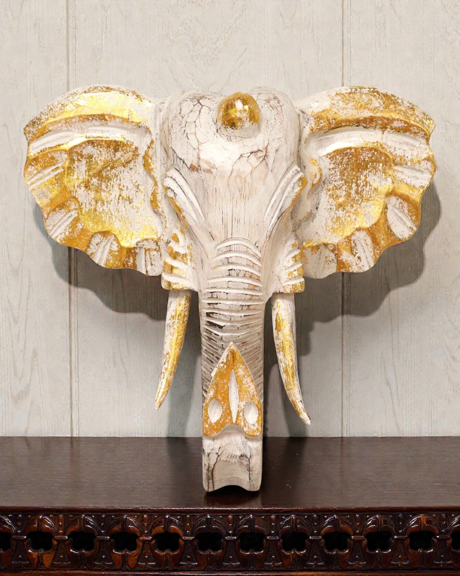 Large Elephant Head 29x26 cm – White and Gold