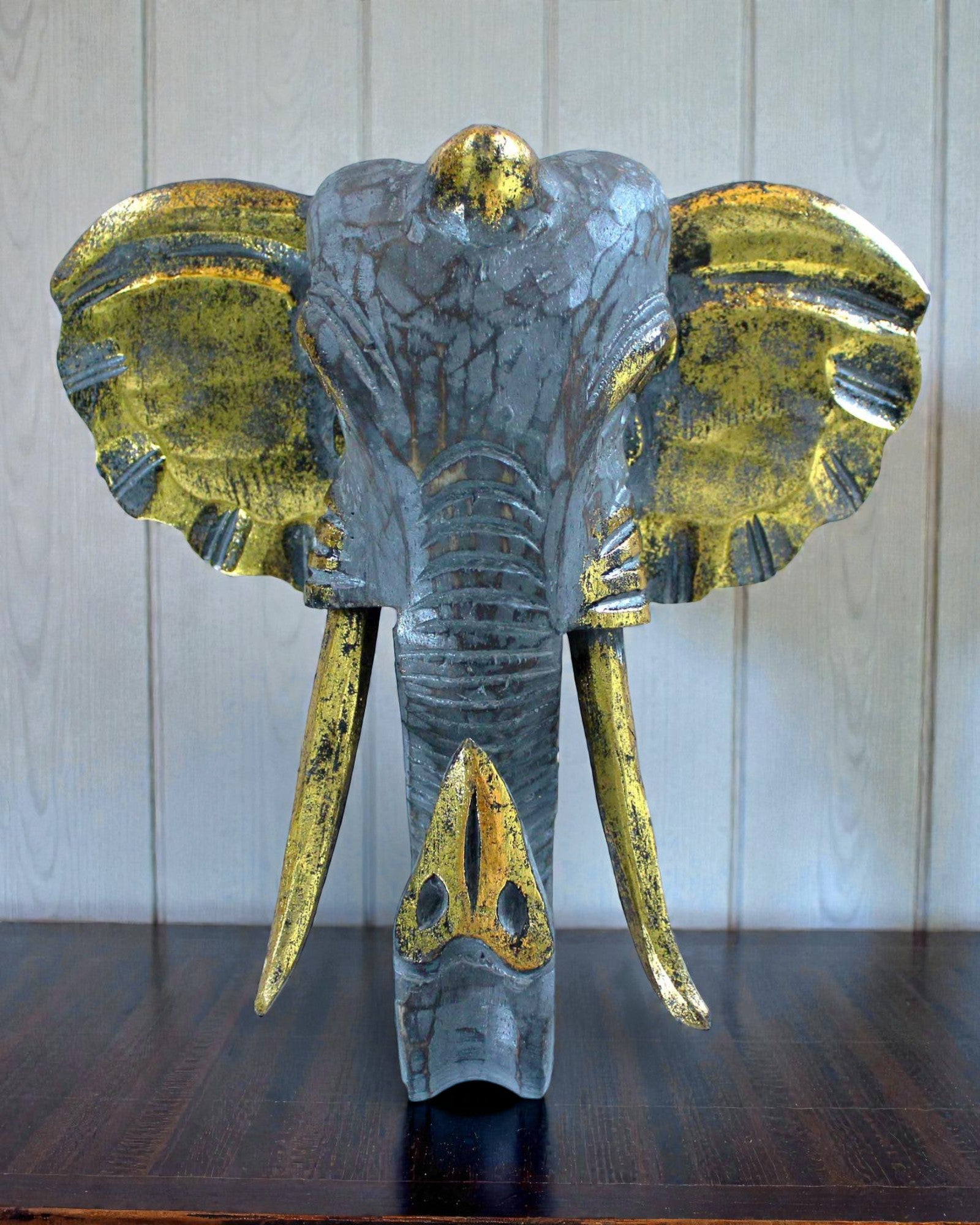 Large Elephant Head 29x26 cm – Gray, blue and Gold